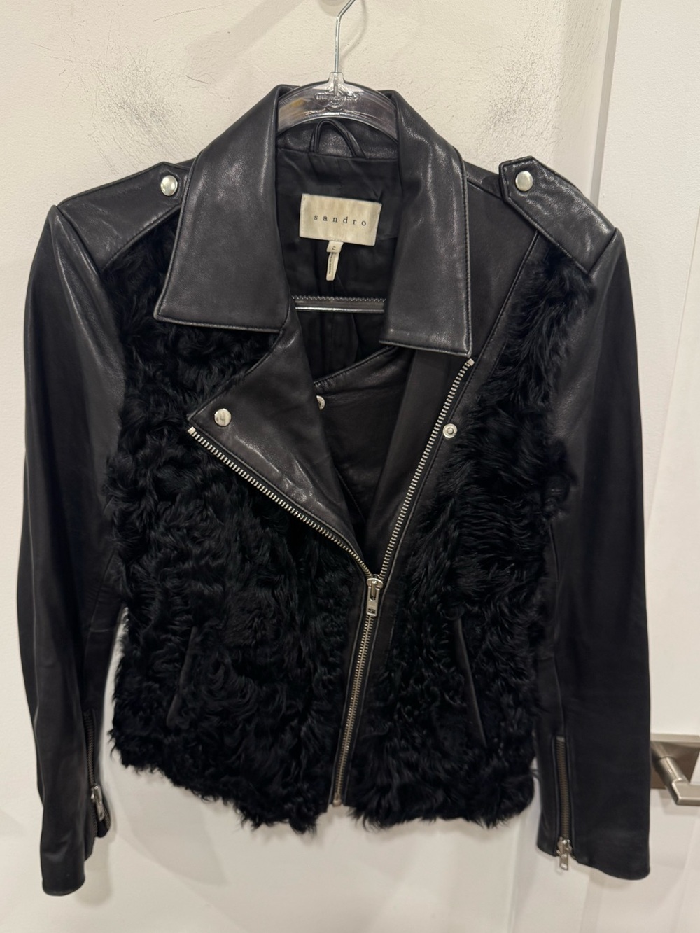 Sandro Black Leather Jacket with Plush Faux Fur Paneling